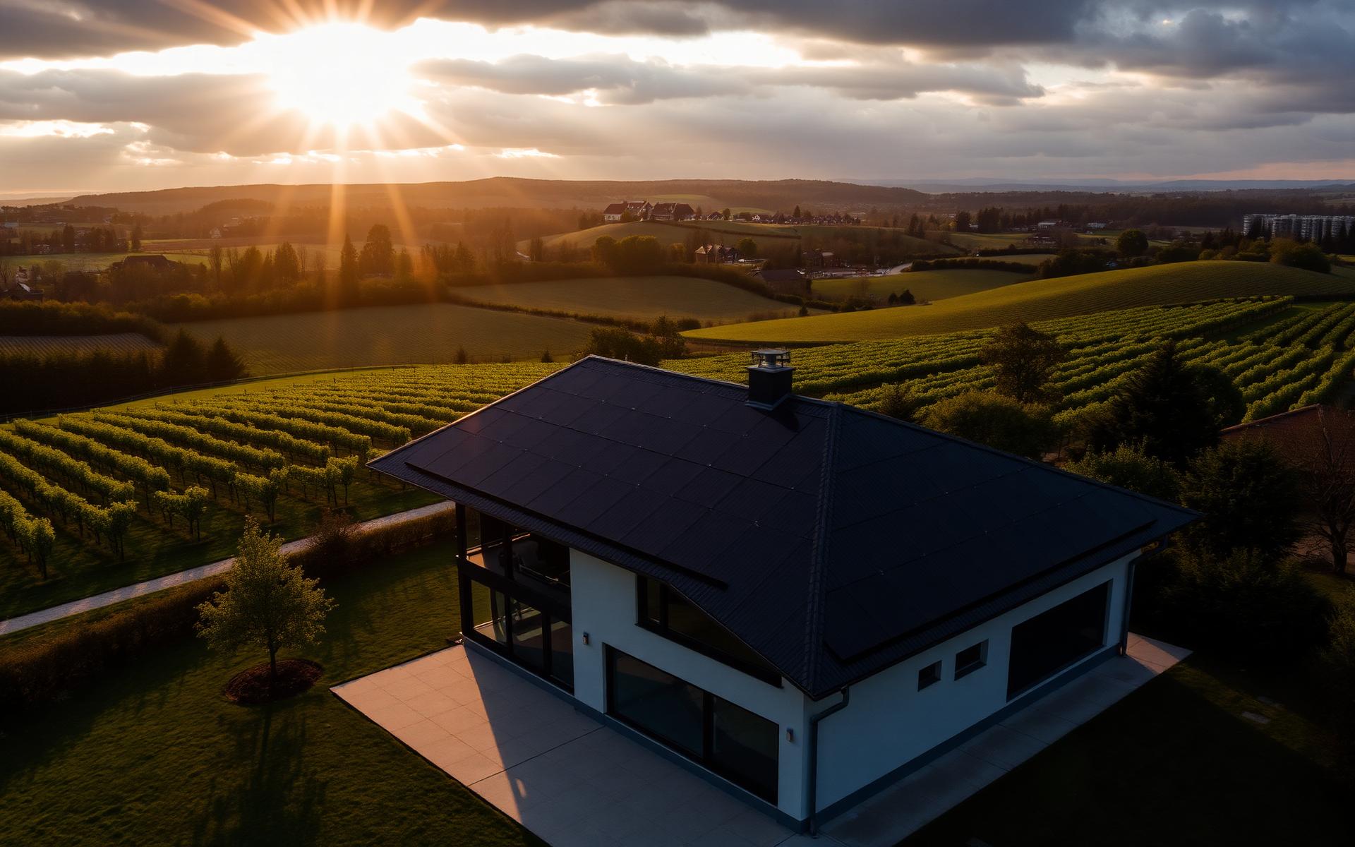 Solaranlage auf einem Haus in der Pfalz mit Blick über Weinberge im goldenen Abendlicht